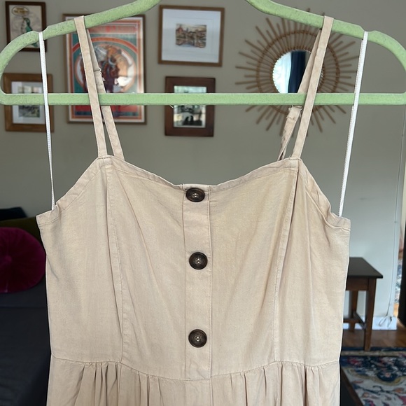 Tan Neutral Button Down Square Neck Midi Dress w. Adjustable Straps - Picture 2 of 4